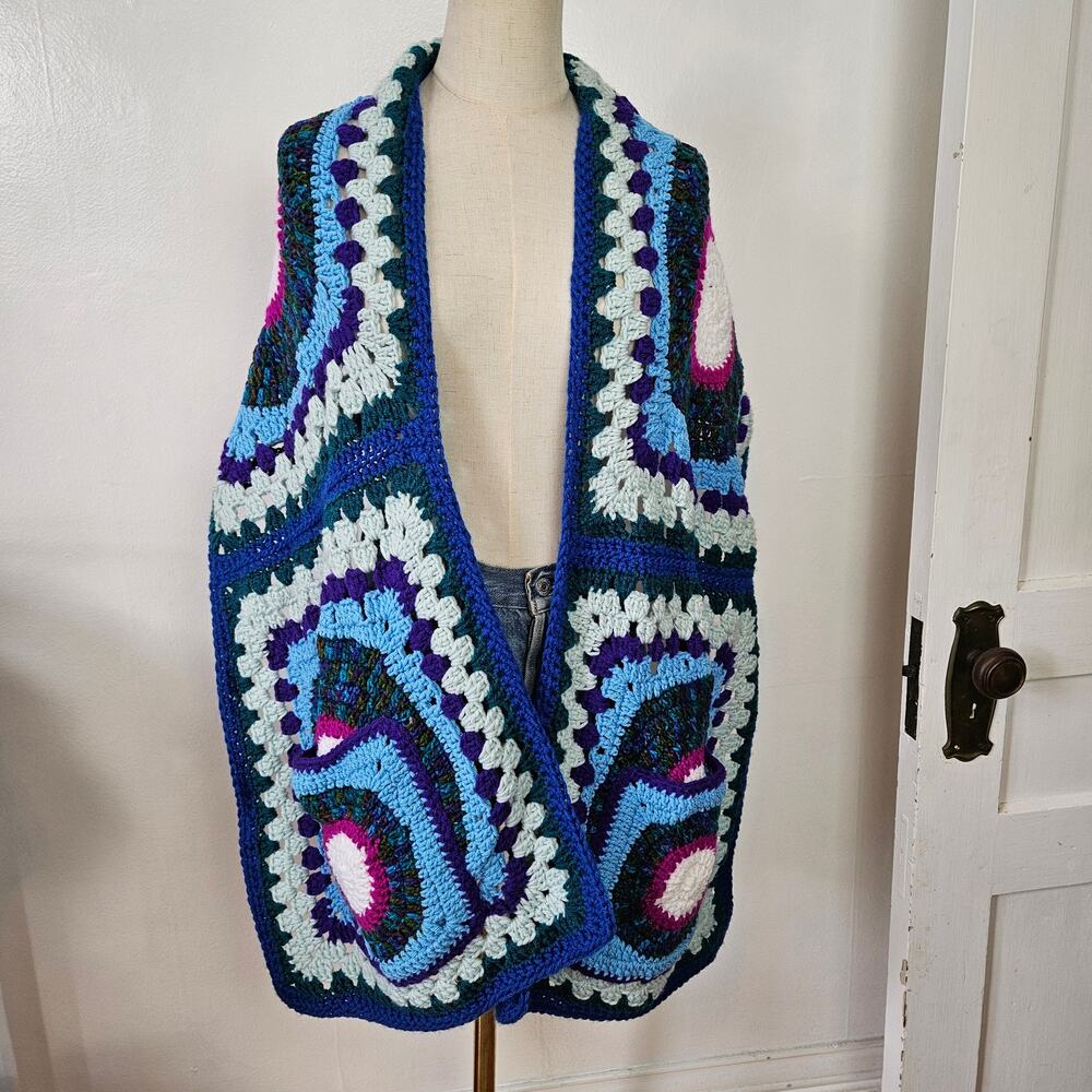 Handmade Granny Square‎ Pocket Scarf Wrap Blue Aqua Fuchsia